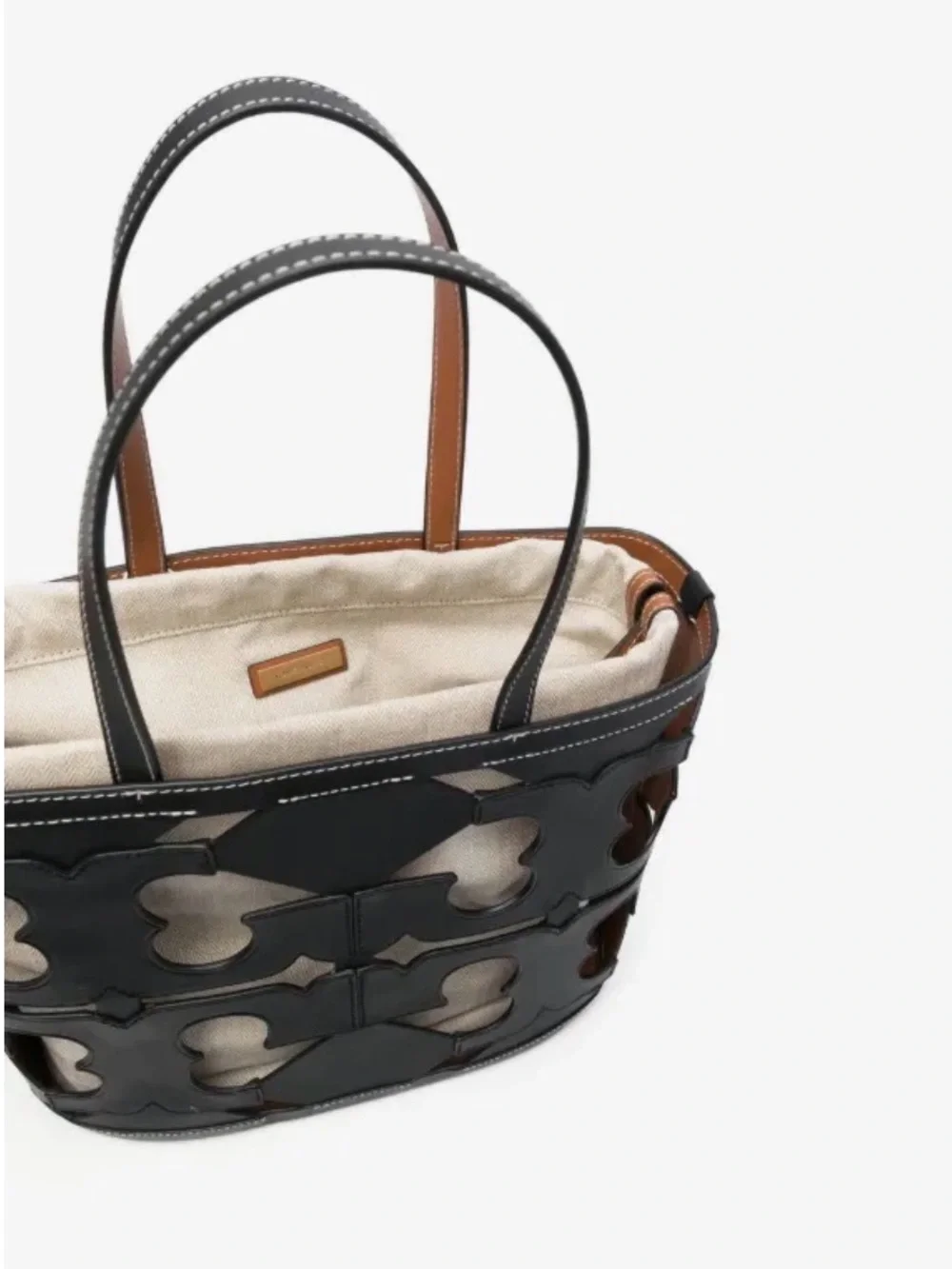 Tory Burch Cutout Logo Leather Tote Bag with Natural Canvas Interior